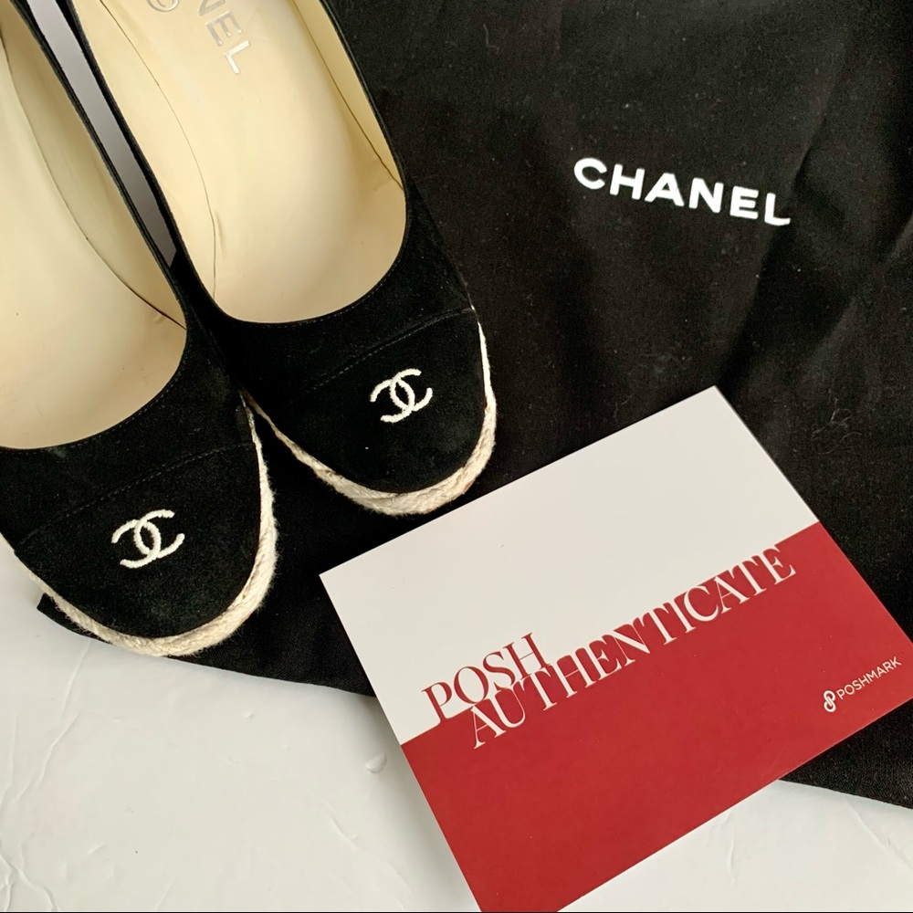 💎✨Gorgeous✨💎 Chanel Black Suede Leather Cap Toe Espadrille Wedges Authentic! - Picture 9 of 9